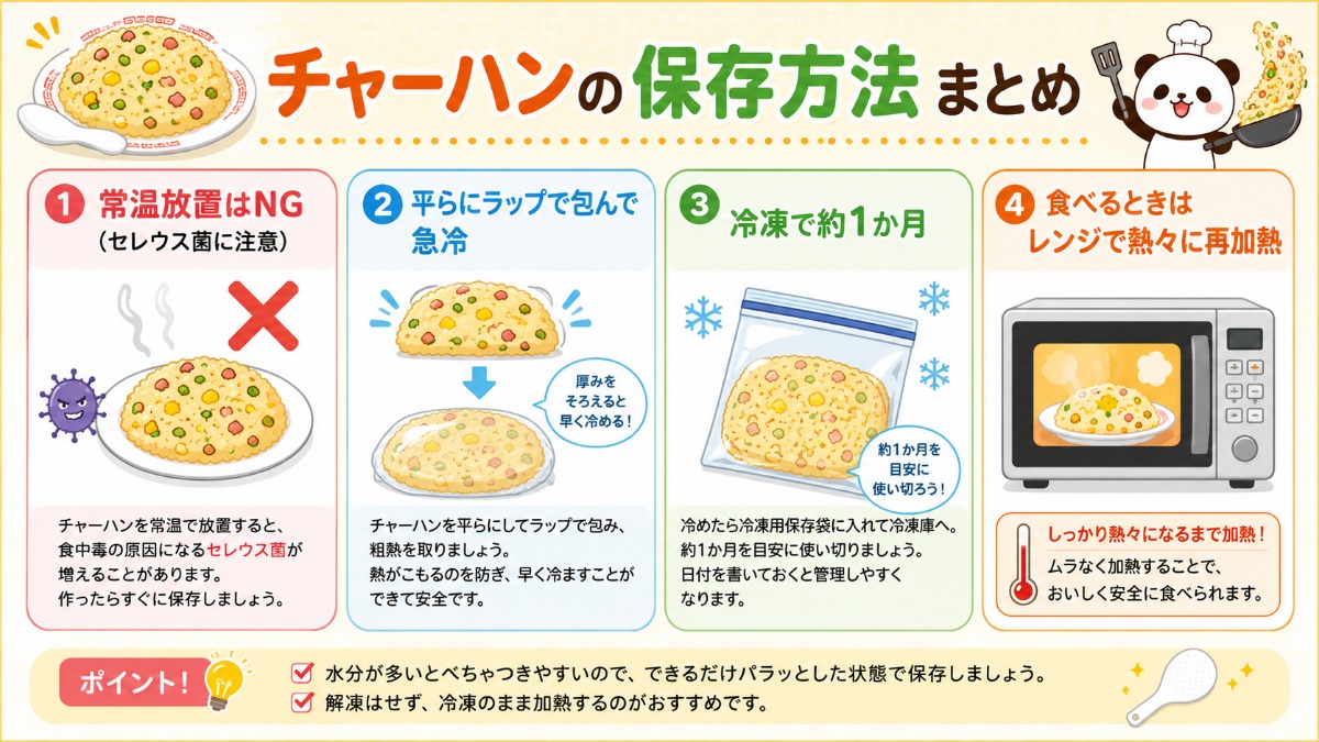 チャーハンの保存方法まとめ（常温NG・平らに包んで冷凍1か月の図解）