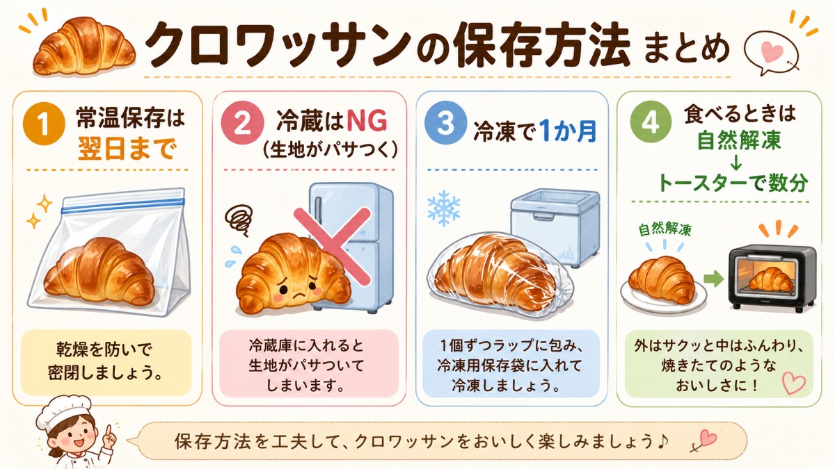 クロワッサンの保存方法まとめ（常温は翌日まで・冷蔵NG・1個ずつラップで冷凍1か月の図解）