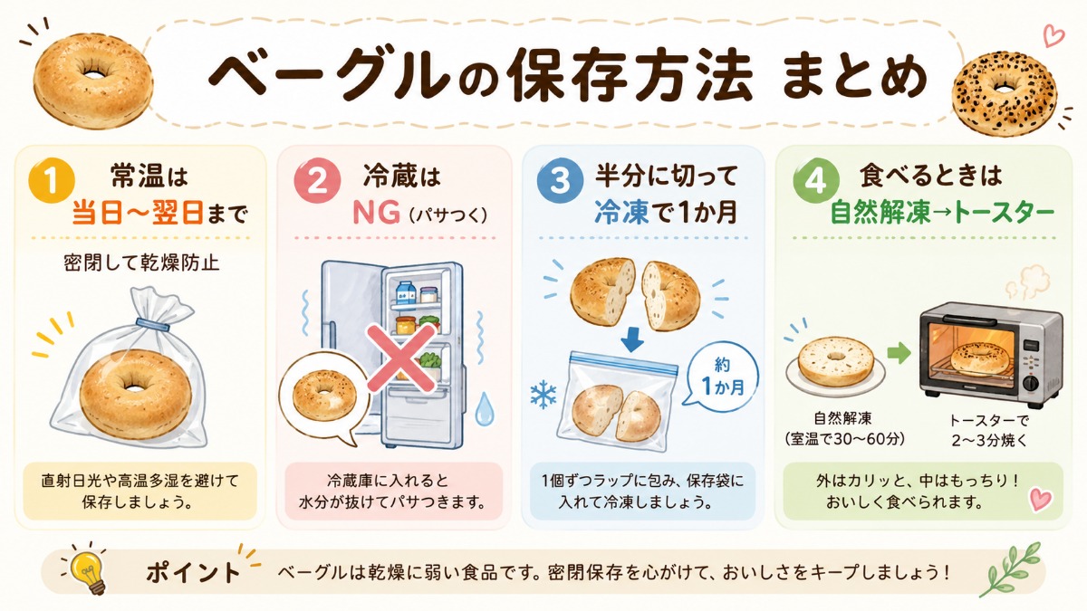 ベーグルの保存方法まとめ（常温は当日?翌日・冷蔵NG・半分に切って冷凍1か月の図解）