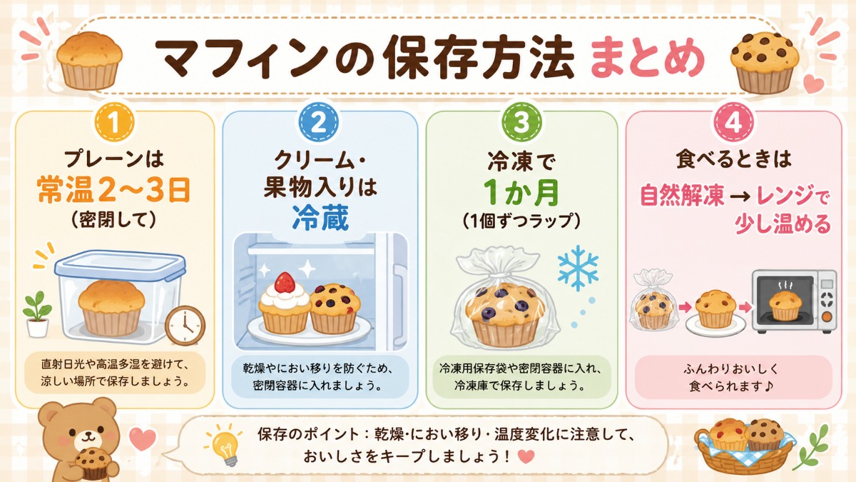 マフィンの保存方法まとめ（プレーンは常温2?3日・クリーム果物入りは冷蔵・冷凍1か月の図解）