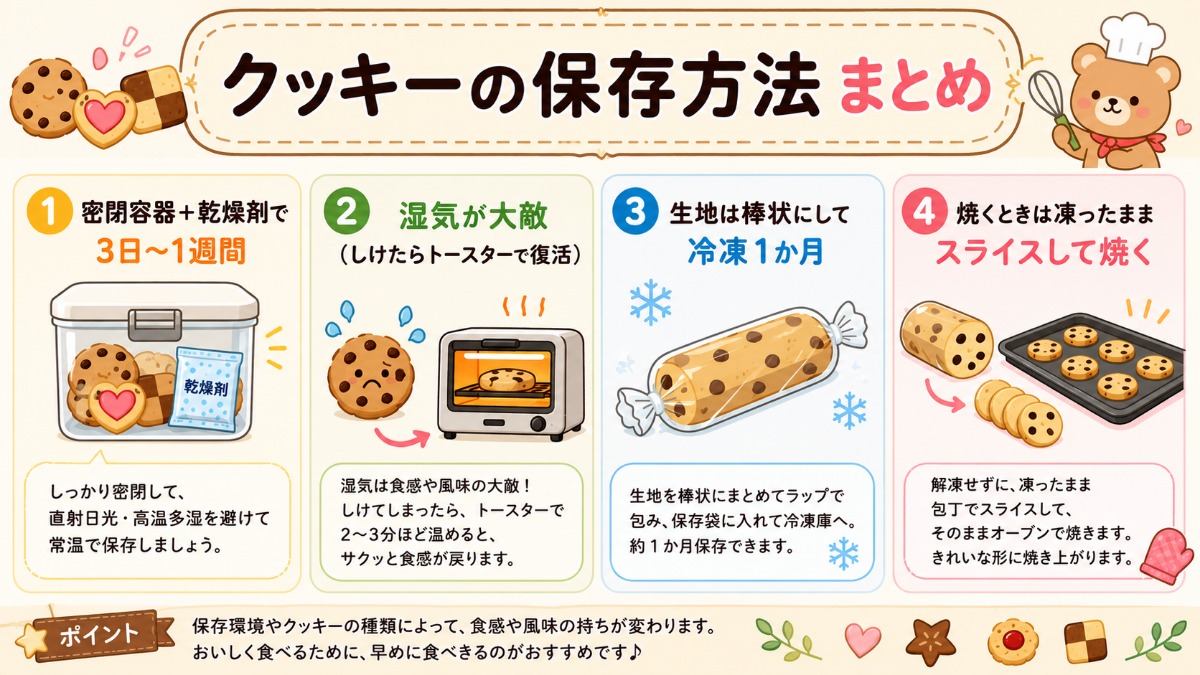 クッキーの保存方法まとめ（密閉＋乾燥剤で3日?1週間・生地は棒状で冷凍1か月の図解）