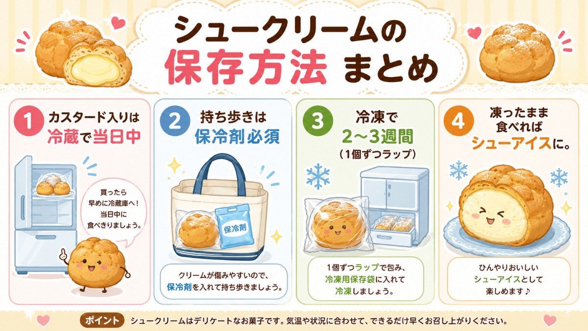 シュークリームの保存方法まとめ（カスタード入りは冷蔵で当日中・冷凍でシューアイスの図解）