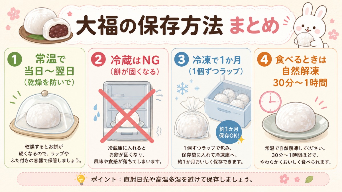 大福の保存方法まとめ（常温で当日?翌日・冷蔵NG・1個ずつラップで冷凍1か月の図解）