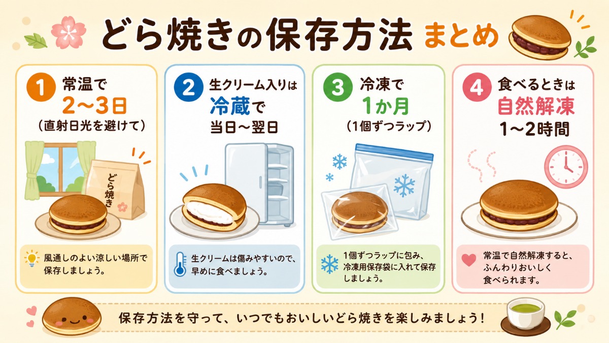 どら焼きの保存方法まとめ（常温2?3日・生クリーム入りは冷蔵・冷凍1か月の図解）