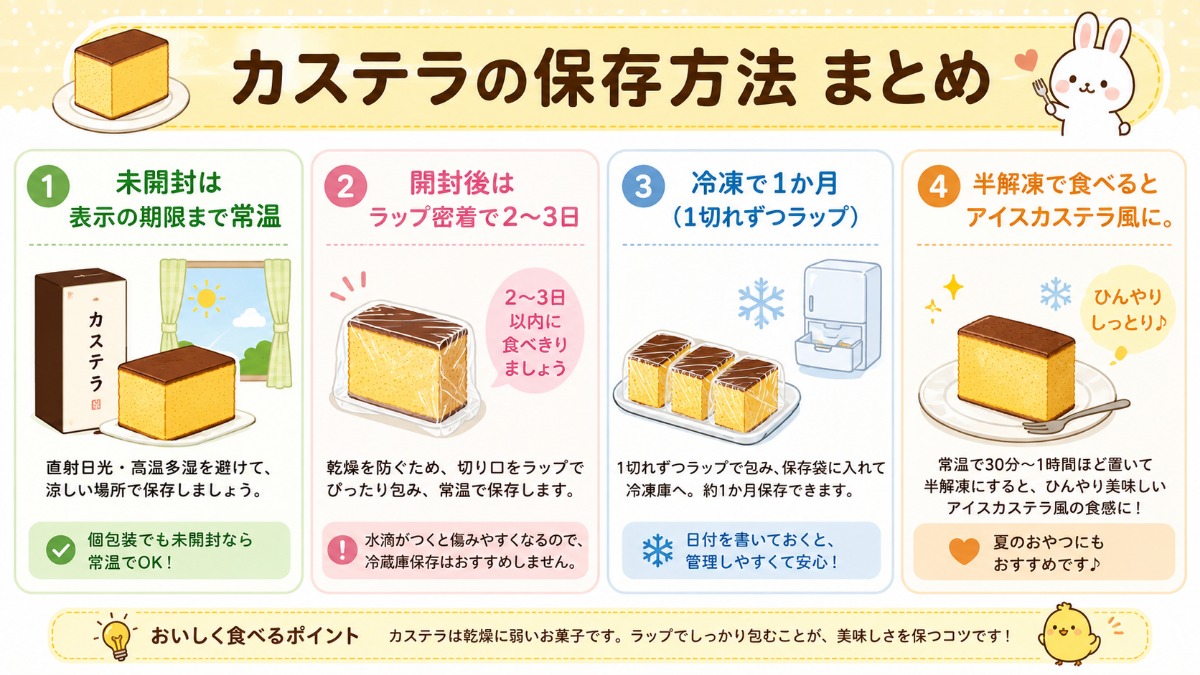 カステラの保存方法まとめ（開封後はラップ密着で2?3日・1切れずつ冷凍1か月の図解）