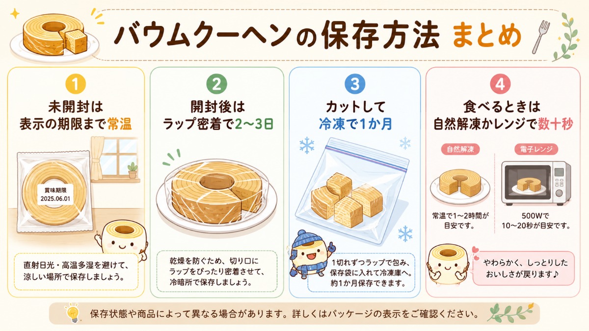 バウムクーヘンの保存方法まとめ（開封後はラップ密着2?3日・カットして冷凍1か月の図解）