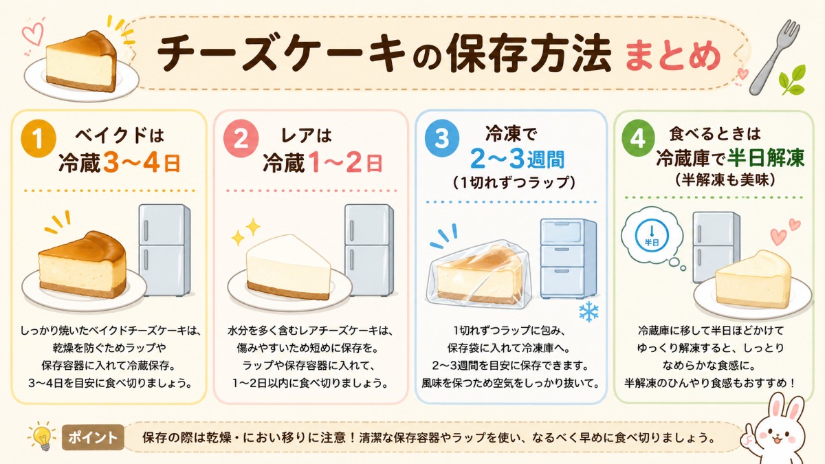 チーズケーキの保存方法まとめ（ベイクドは冷蔵3?4日・レアは1?2日・冷凍2?3週間の図解）