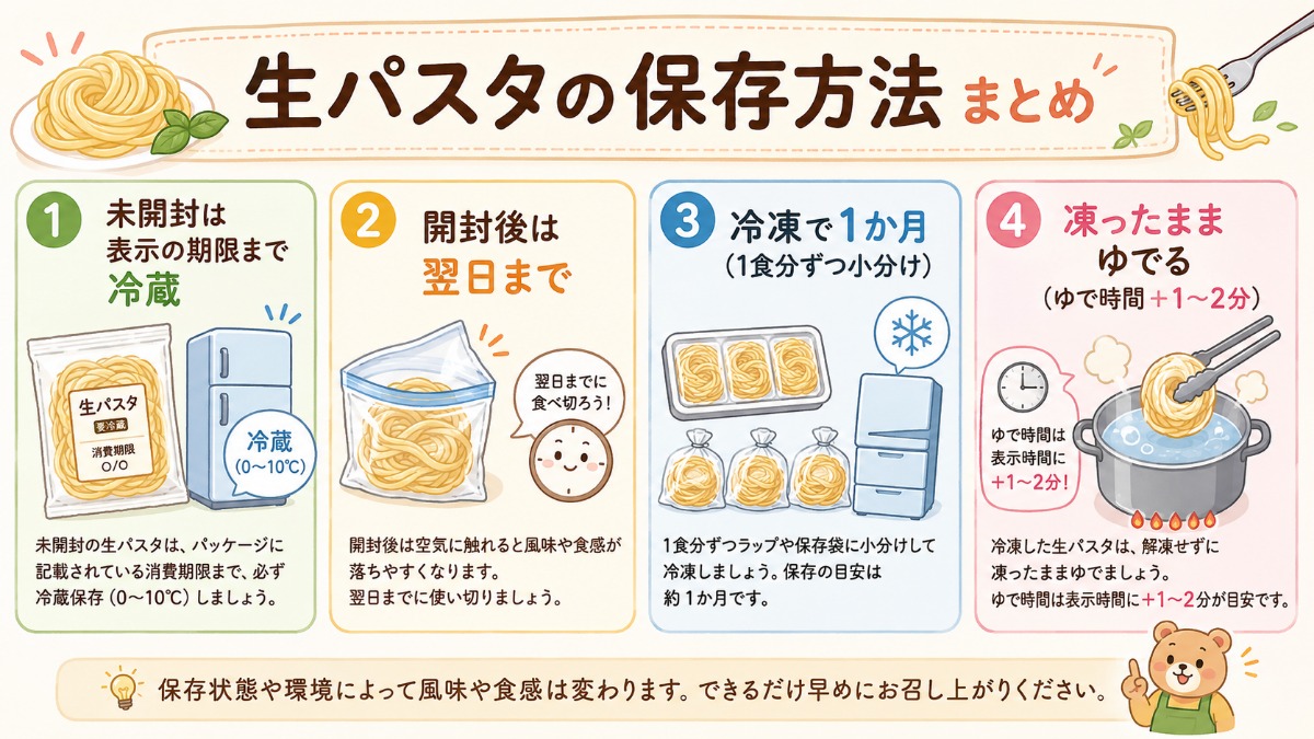生パスタの保存方法まとめ（開封後は翌日まで・小分け冷凍1か月・凍ったままゆでる図解）