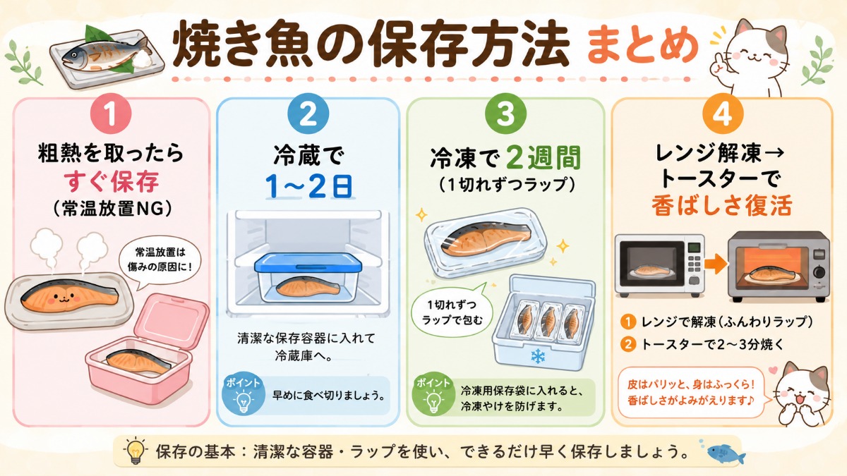 焼き魚の保存方法まとめ（冷蔵1?2日・1切れずつラップで冷凍2週間・トースターで復活の図解）