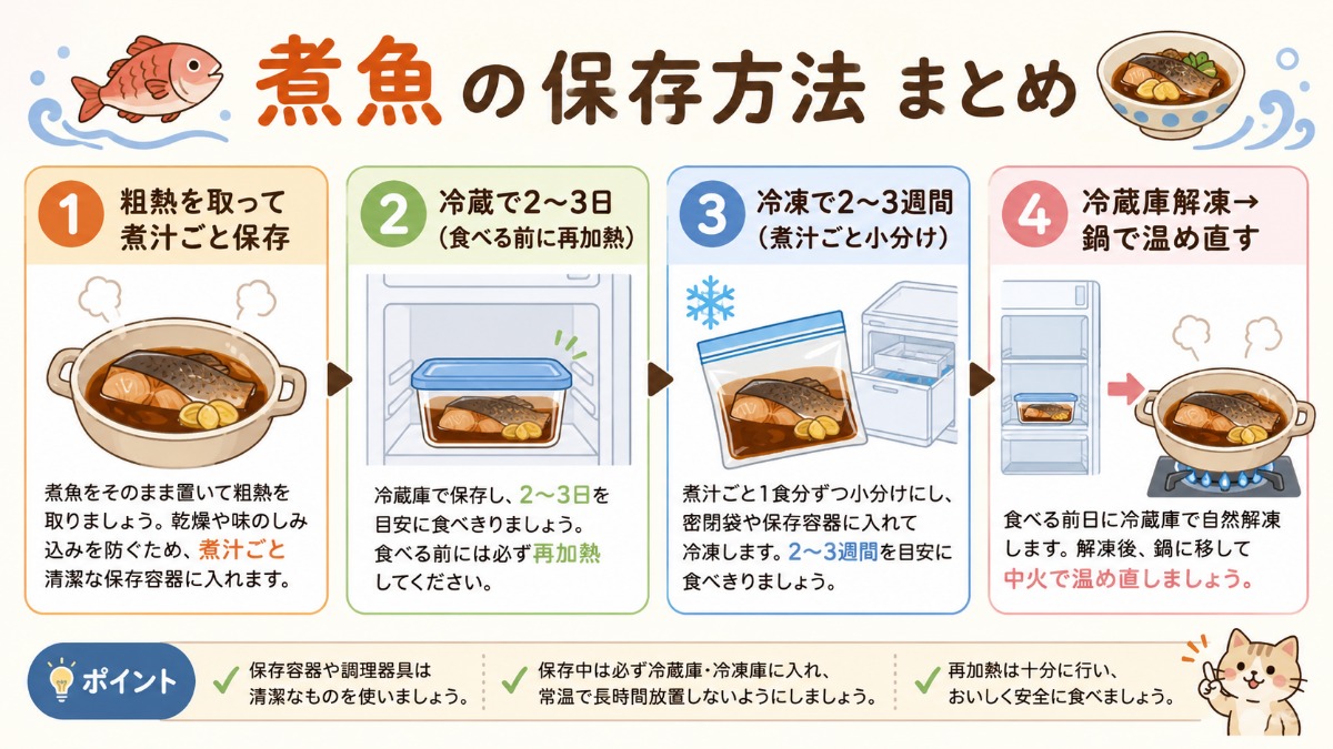 煮魚の保存方法まとめ（煮汁ごと冷蔵2?3日・小分け冷凍2?3週間の図解）