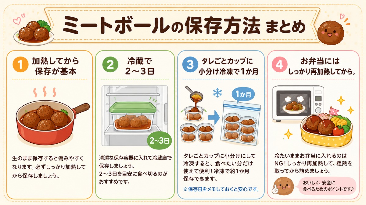 ミートボールの保存方法まとめ（冷蔵2?3日・タレごとカップ小分け冷凍1か月の図解）