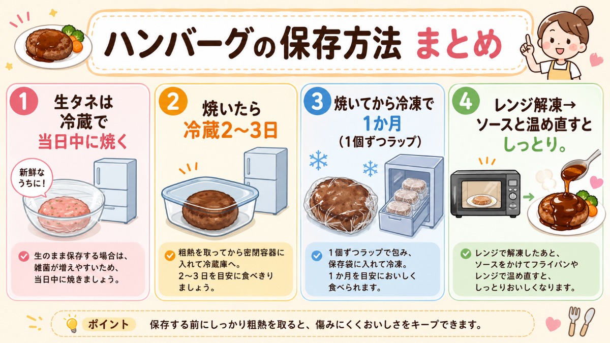 ハンバーグの保存方法まとめ（生タネは当日中・焼いてから冷凍1か月の図解）