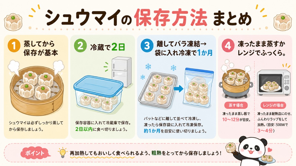 シュウマイの保存方法まとめ（蒸してから冷蔵2日・バラ凍結で冷凍1か月の図解）