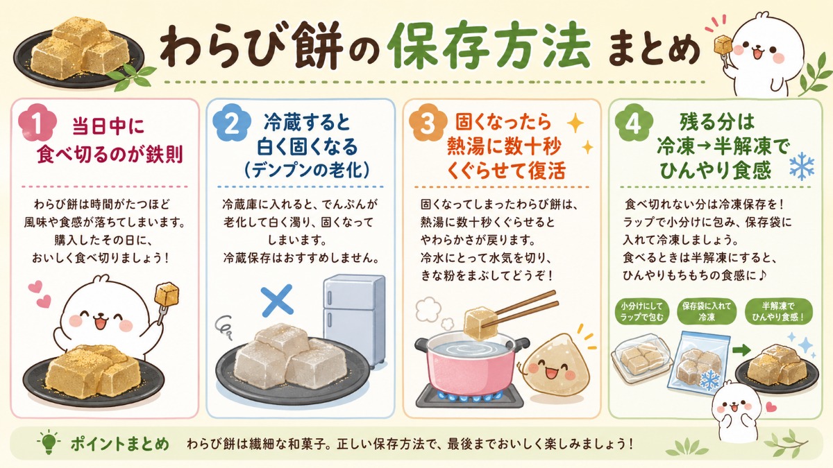 わらび餅の保存方法まとめ（当日中が鉄則・冷蔵で白く固くなる理由と復活ワザの図解）
