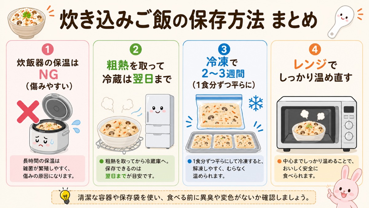炊き込みご飯の保存方法まとめ（保温NG・冷蔵は翌日まで・小分け冷凍2?3週間の図解）