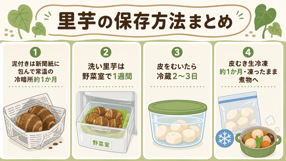 里芋の保存方法まとめ図解
