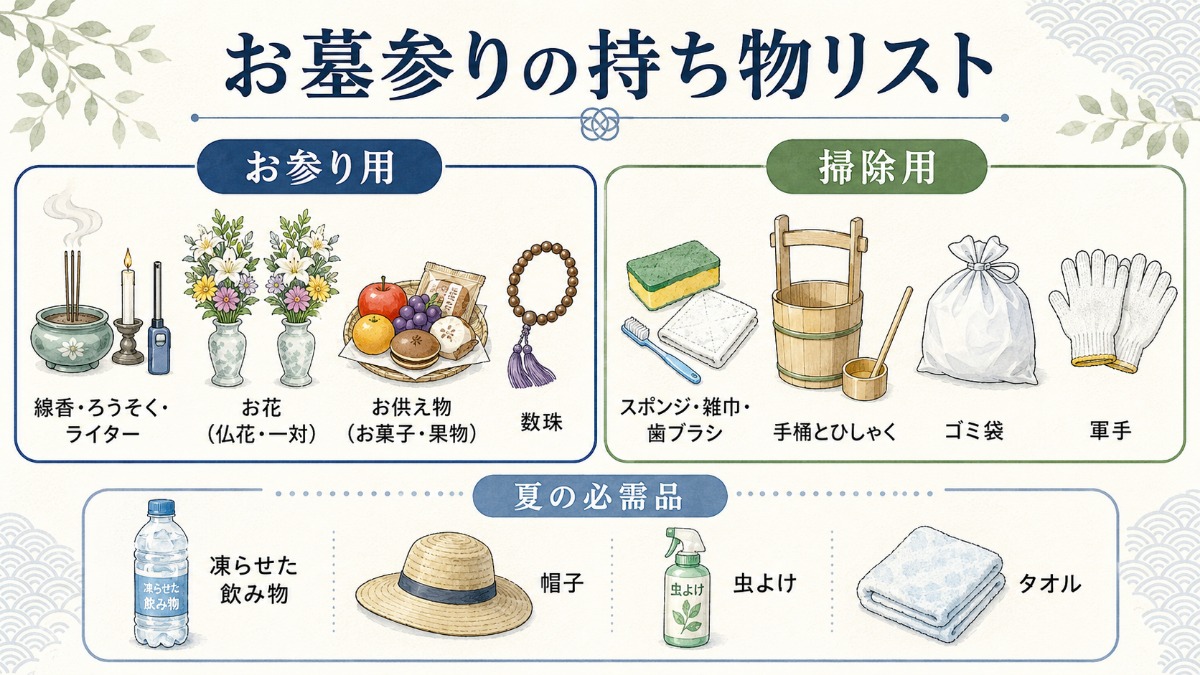 お墓参りの持ち物リスト の図解