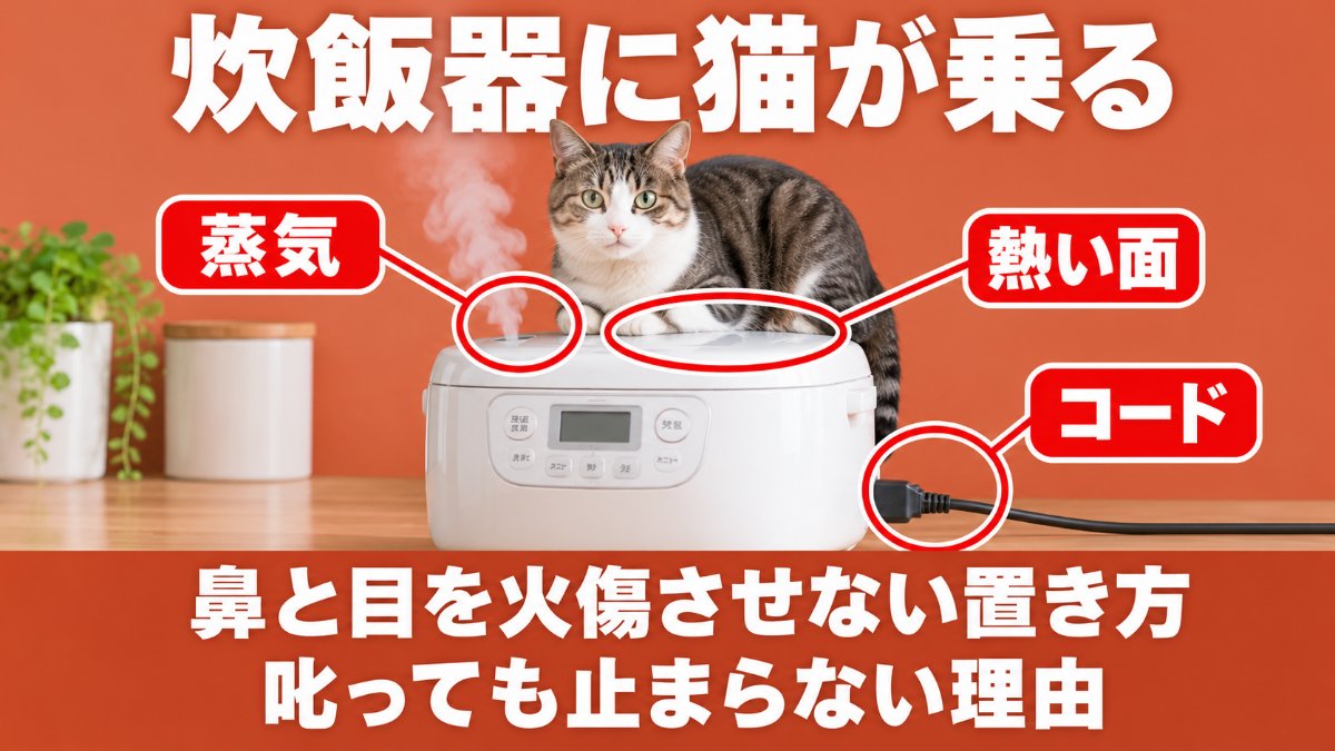 炊飯器に猫が乗るときの危険箇所（蒸気・熱い面・コード）