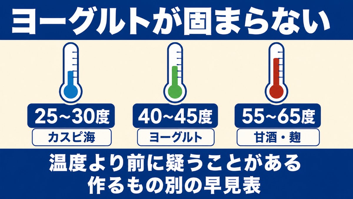 ヨーグルトメーカーの温度帯3グループ（25〜30度・40〜45度・55〜65度）