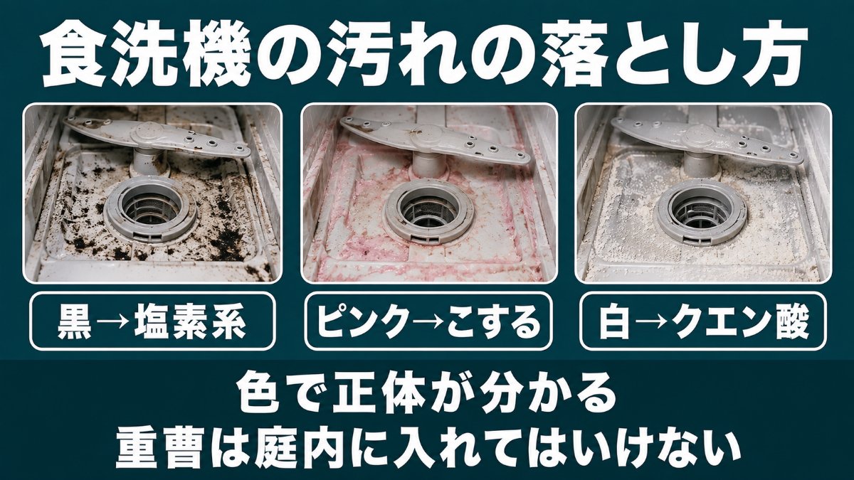 食洗機の汚れを色で見分ける（黒は塩素系・ピンクはこする・白はクエン酸）