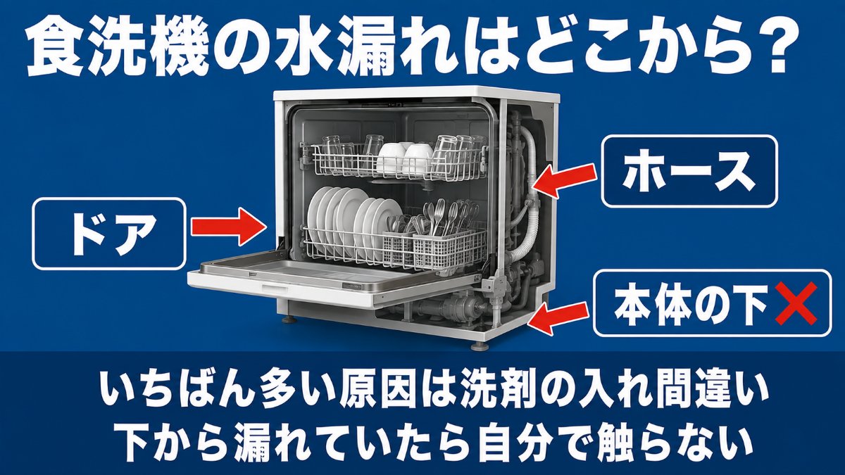 食洗機の水漏れ箇所別（ドア・ホース・本体の下）の切り分け