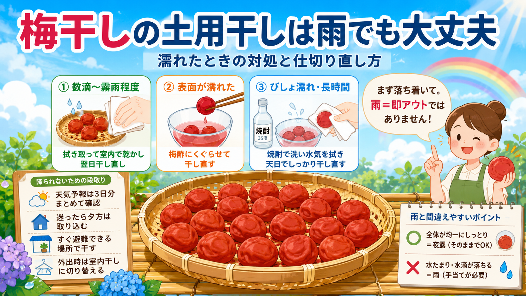 梅干しの土用干し中に雨！濡れ具合別の対処と干し直しの手順のアイキャッチ画像