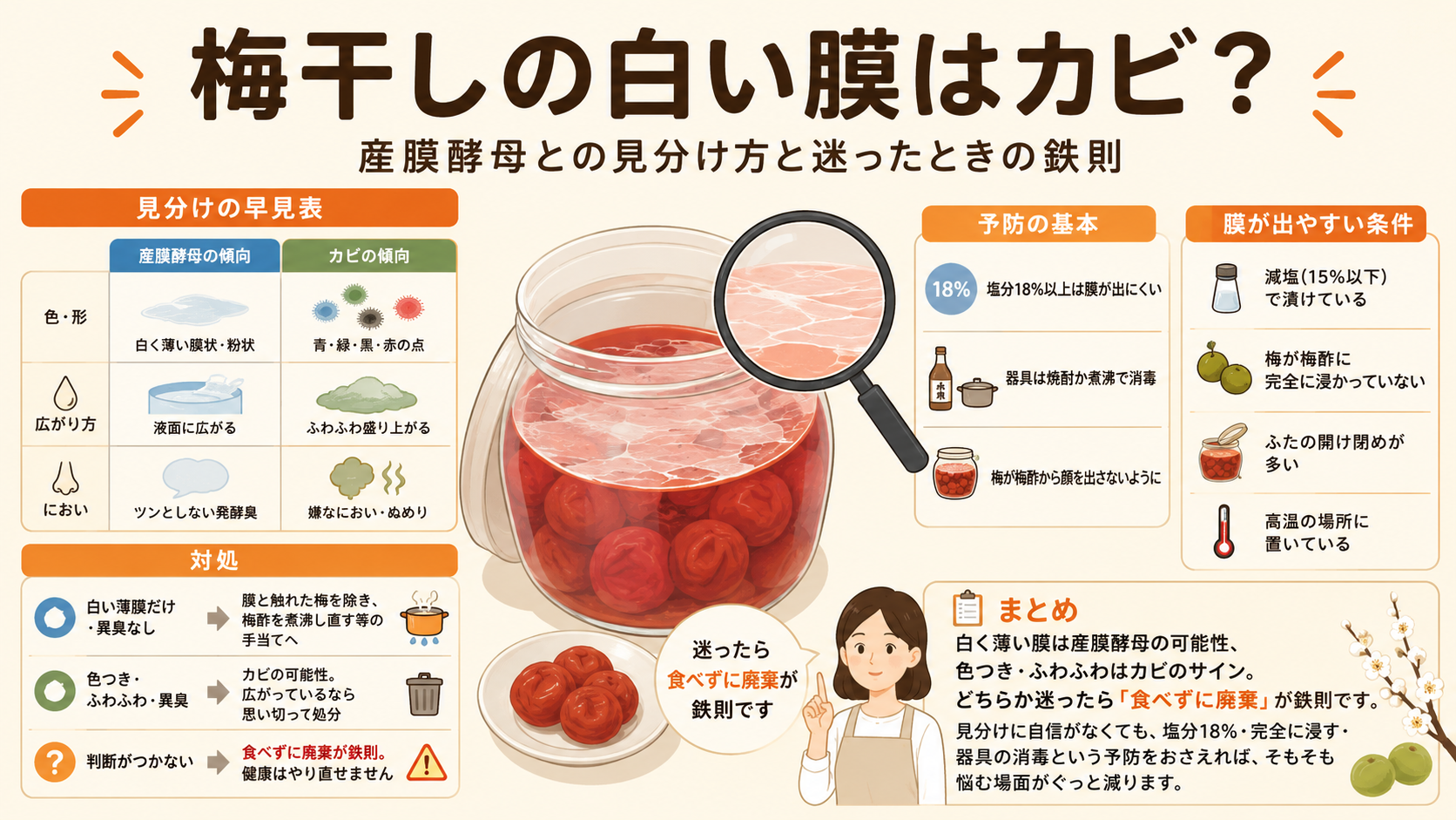 梅干しの白い膜はカビ？産膜酵母との見分け方と迷ったときの鉄則のアイキャッチ画像