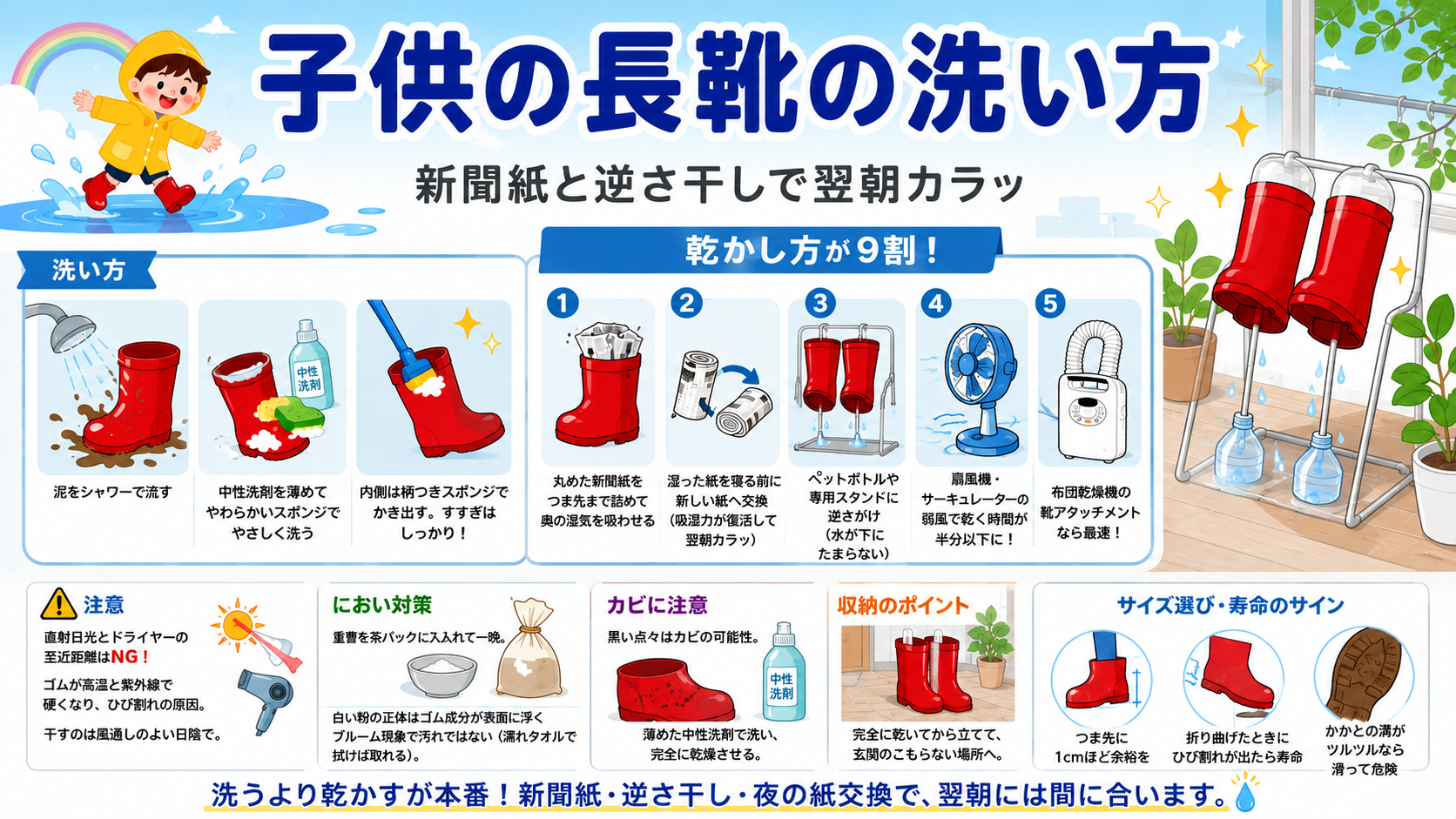 子供の長靴の洗い方｜新聞紙と逆さ干しで翌朝までに乾かすワザのアイキャッチ画像