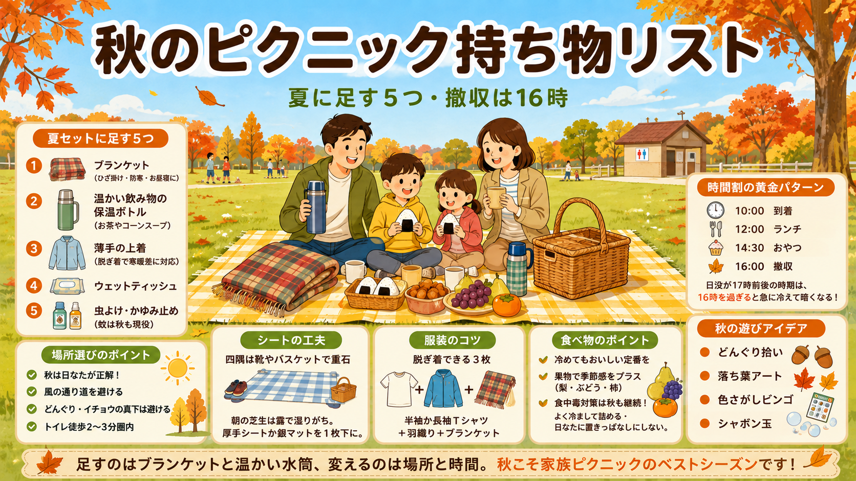 秋のピクニック持ち物リスト｜夏に足す5つと16時撤収の時間割のアイキャッチ画像
