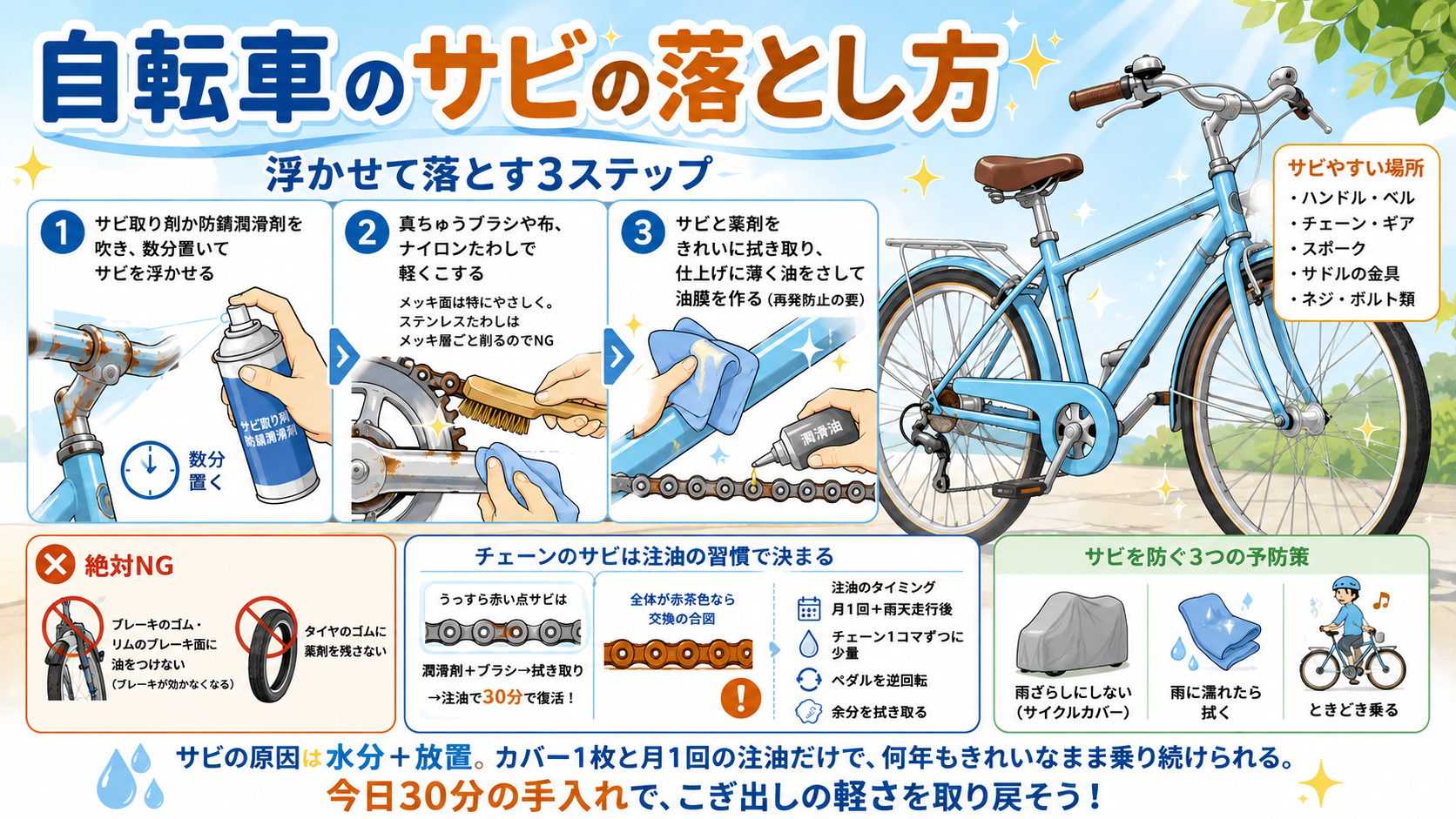 自転車のサビの落とし方｜浮かせて落とす3ステップと注油の習慣のアイキャッチ画像