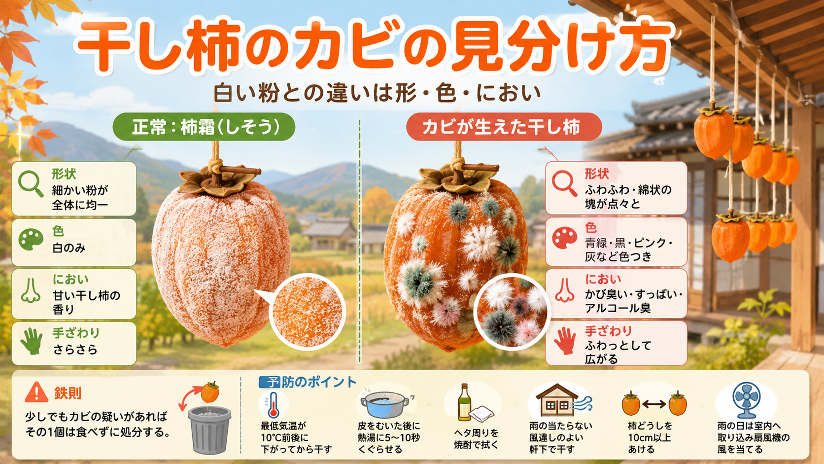 干し柿のカビの見分け方｜白い粉との違いは形・色・においの3点のアイキャッチ画像
