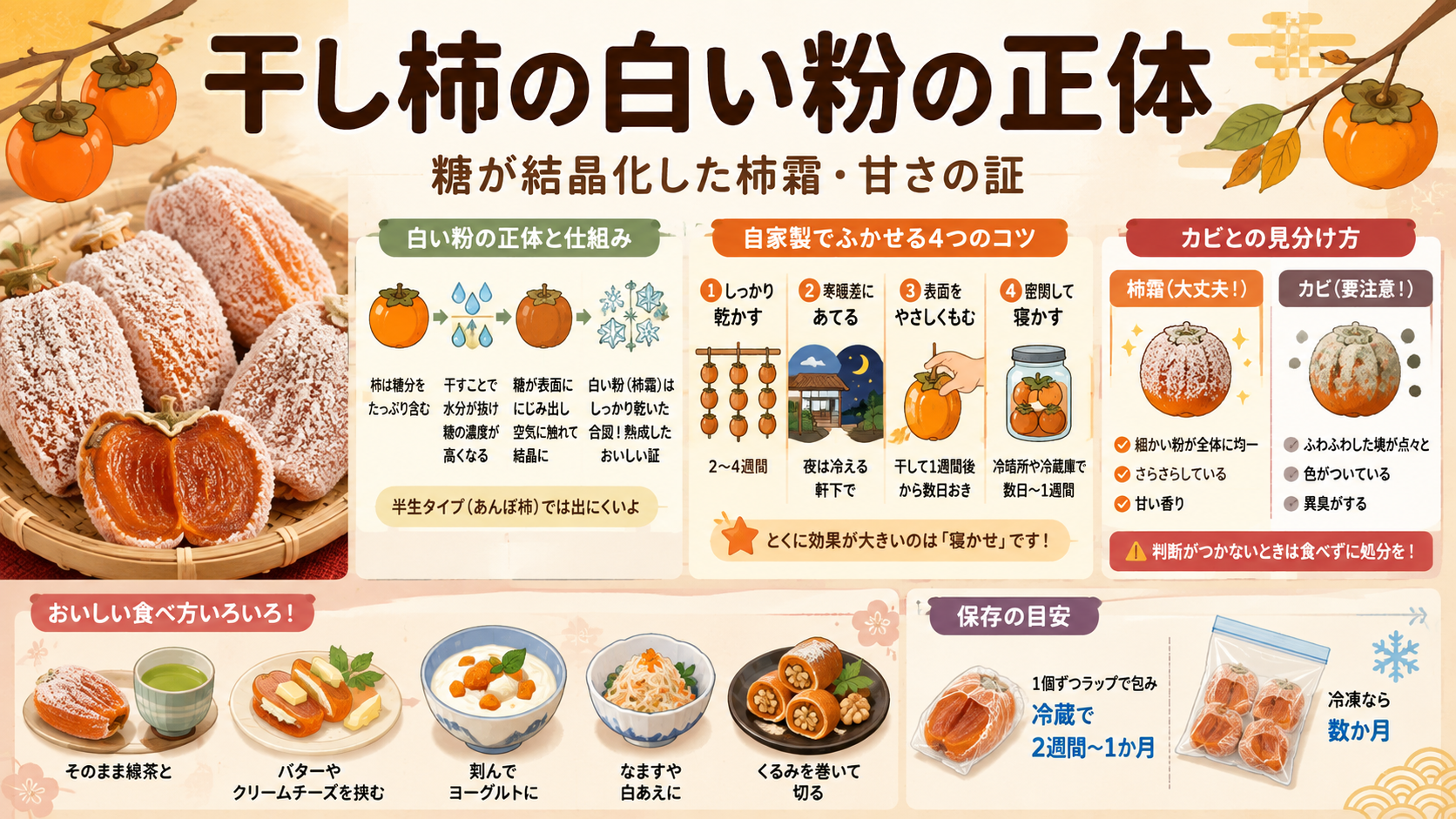 干し柿の白い粉の正体は？糖が結晶化した柿霜・ふかせる4つのコツのアイキャッチ画像