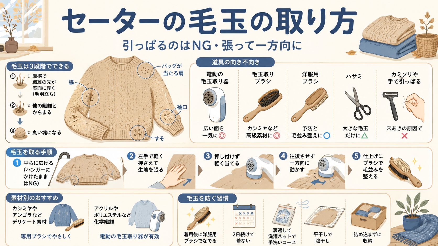 セーターの毛玉の取り方｜引っぱるのはNG・張って一方向に軽く当てるのアイキャッチ画像