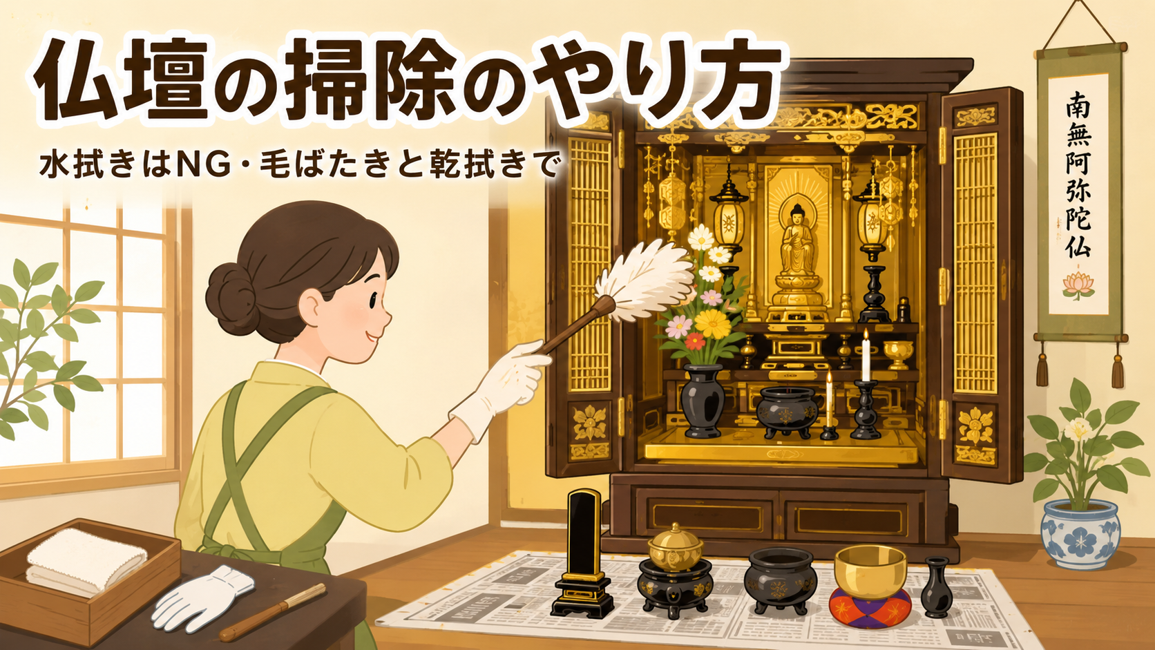 仏壇の掃除のやり方｜水拭きはNG・毛ばたきと乾拭きで上から下へのアイキャッチ画像