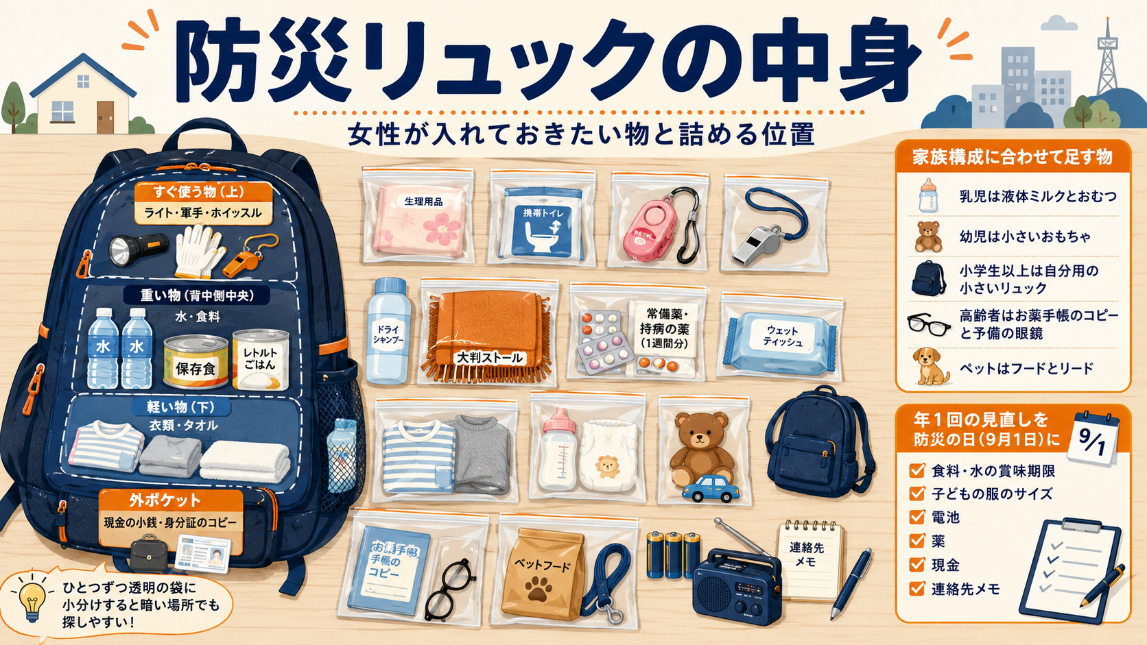 防災リュックの中身｜女性が入れておきたい物と詰める位置のアイキャッチ画像