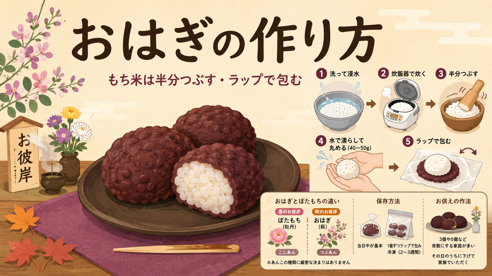 おはぎの作り方｜もち米は半分つぶす・ラップで包めば手が汚れないのアイキャッチ画像