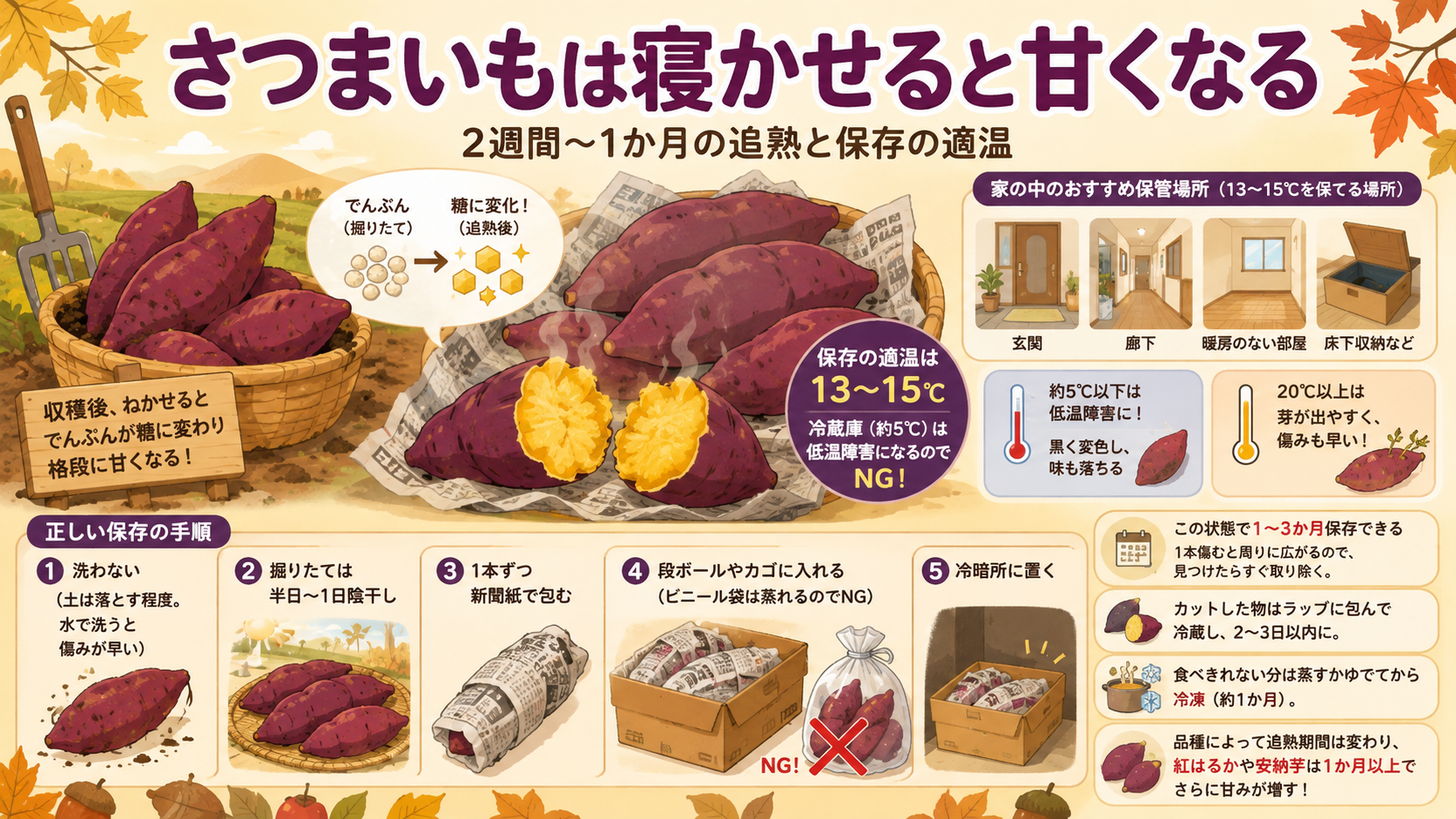 さつまいもは寝かせると甘くなる｜2週間〜1か月の追熟と保存の適温のアイキャッチ画像