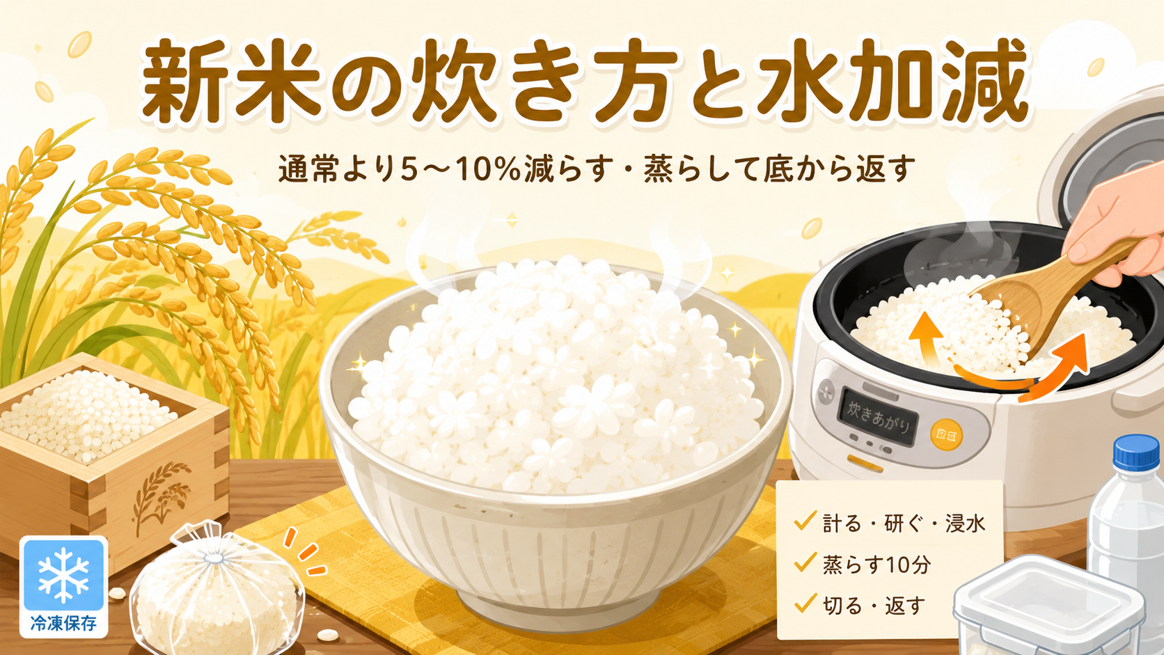 新米の炊き方と水加減｜通常より5〜10%減らす・蒸らして底から返すのアイキャッチ画像