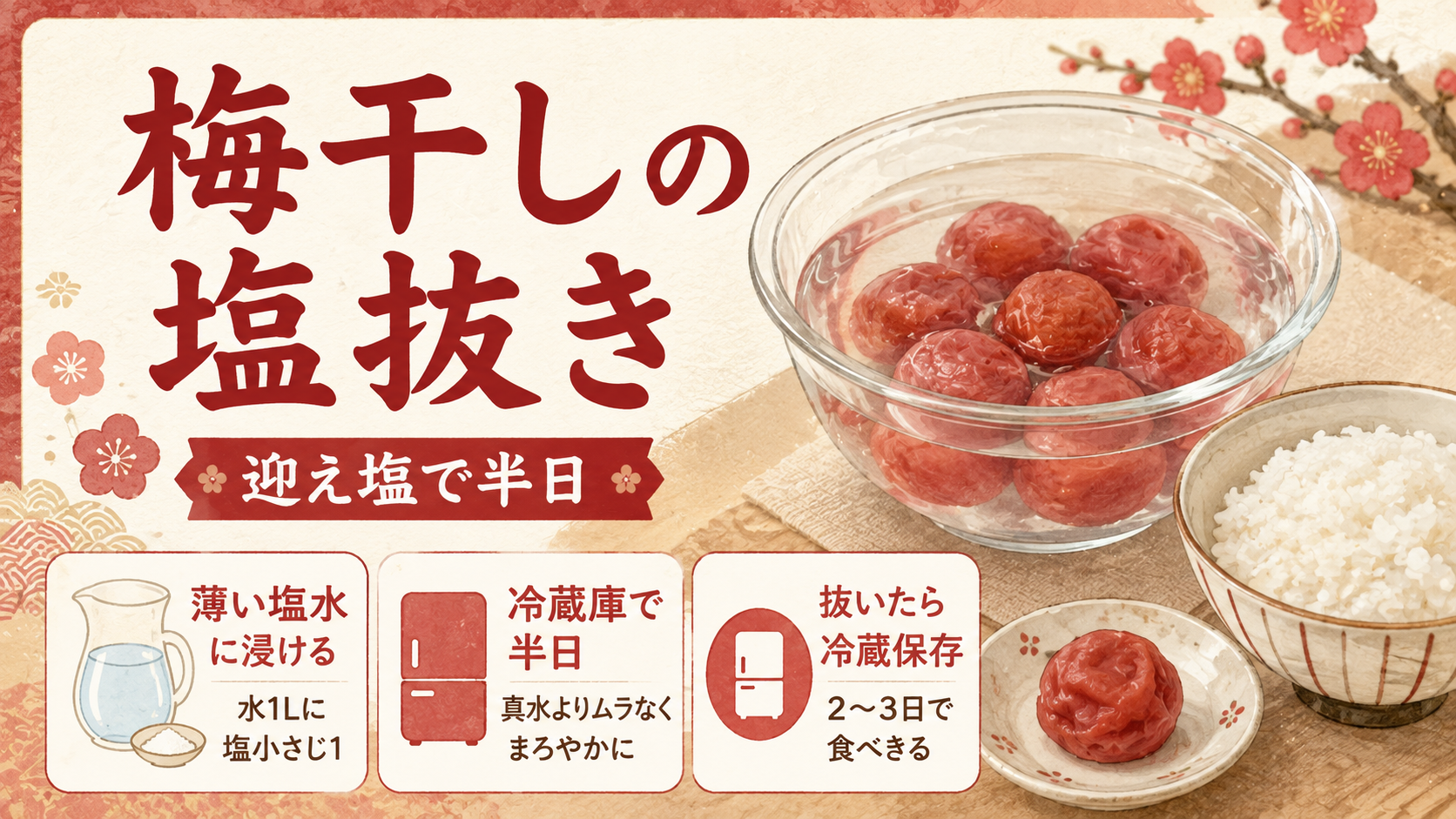 梅干しの塩抜き方法｜薄い塩水の「迎え塩」で半日・抜いたら冷蔵2〜3日のアイキャッチ画像