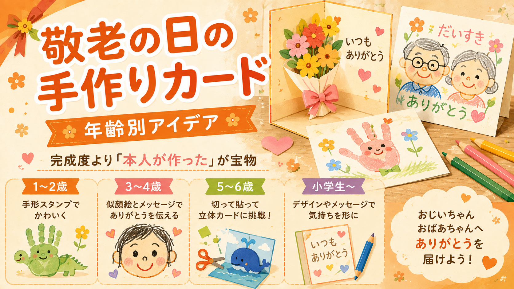 敬老の日の手作りカード｜1歳の手形から飛び出すカードまで年齢別のアイキャッチ画像