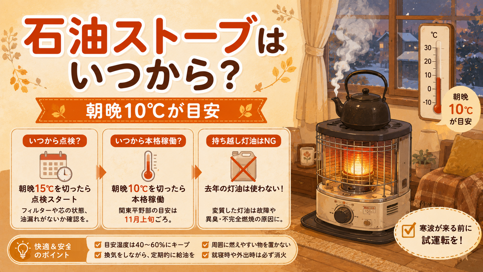 石油ストーブはいつから？朝晩10℃が目安・去年の灯油は使わないのアイキャッチ画像