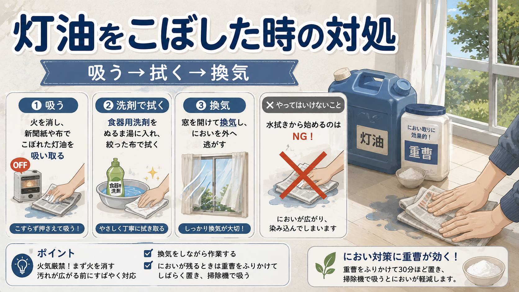 灯油をこぼしたときの対処｜吸う→洗剤で拭く→換気・水拭きはNGのアイキャッチ画像