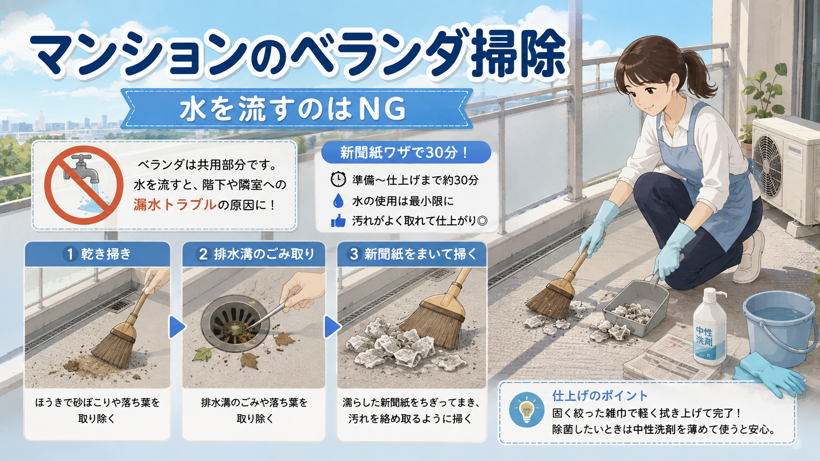 マンションのベランダ掃除｜水を流すのはNG・新聞紙ワザで30分のアイキャッチ画像