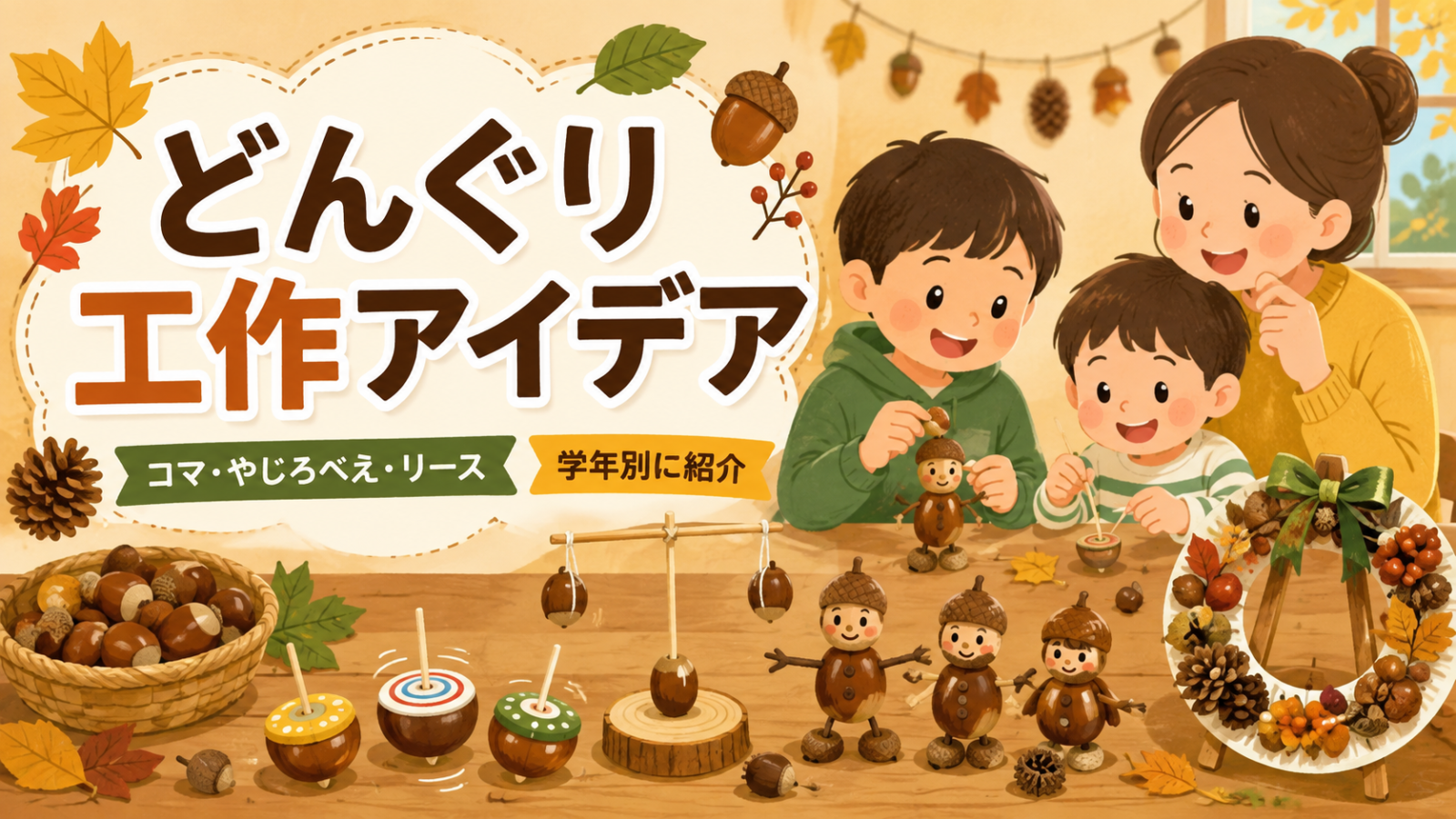 どんぐり工作アイデア｜小学生の学年別・コマからリースまで