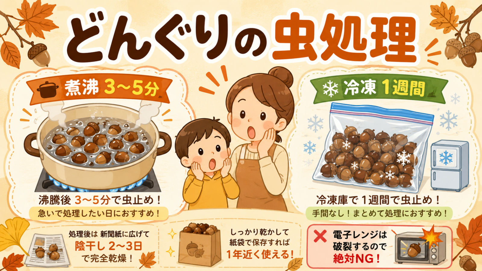 どんぐりの虫処理｜煮沸3?5分か冷凍1週間