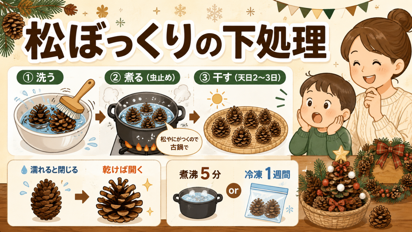 松ぼっくりの下処理｜洗う→虫止め→天日2?3日