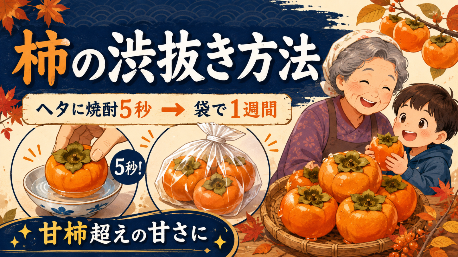 柿の渋抜き方法｜ヘタに焼酎5秒→袋で1週間