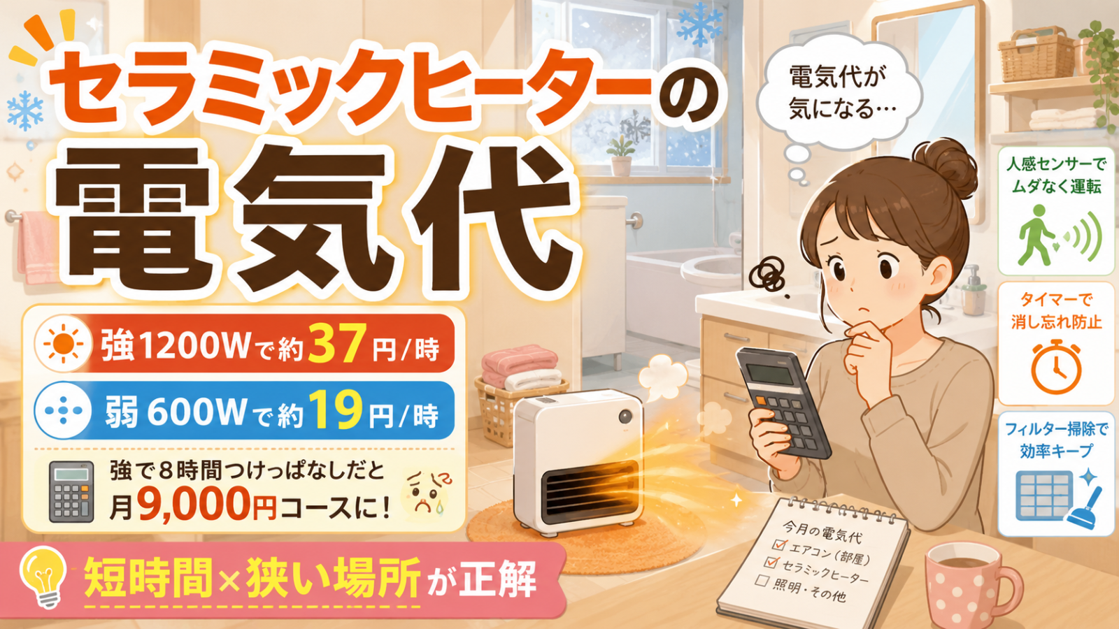 セラミックヒーターの電気代｜強1200Wで約37円/時