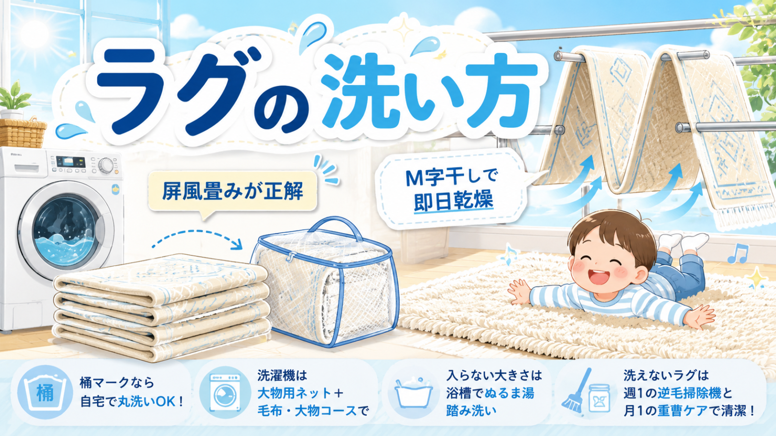 ラグの洗い方｜屏風畳みが正解・M字干しで即日乾燥