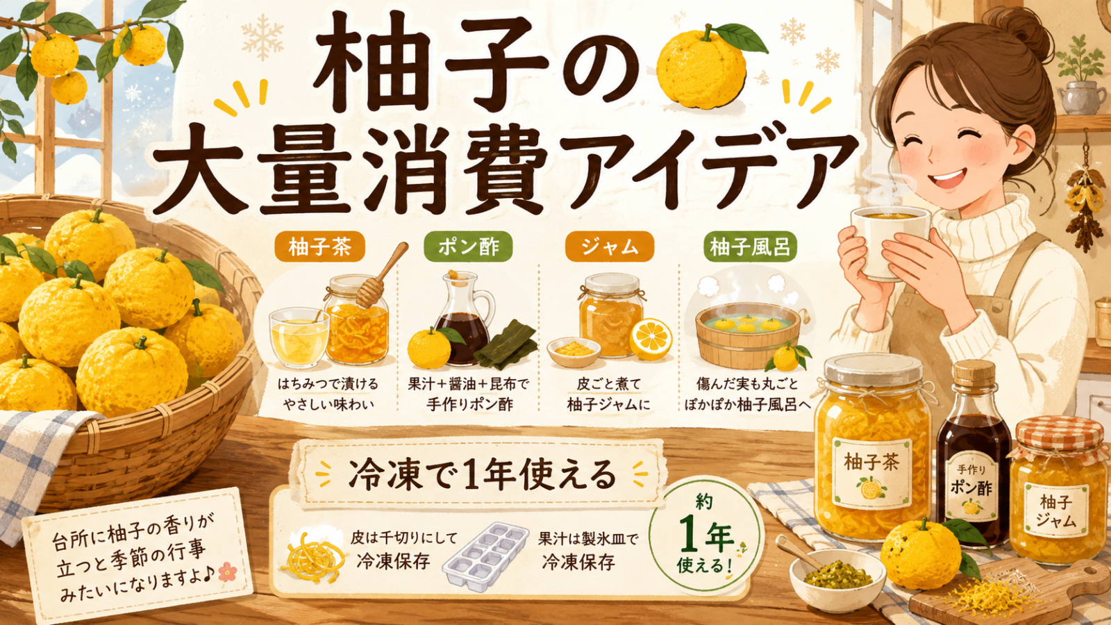 柚子の大量消費アイデア｜柚子茶・ポン酢・ジャム・冷凍で1年